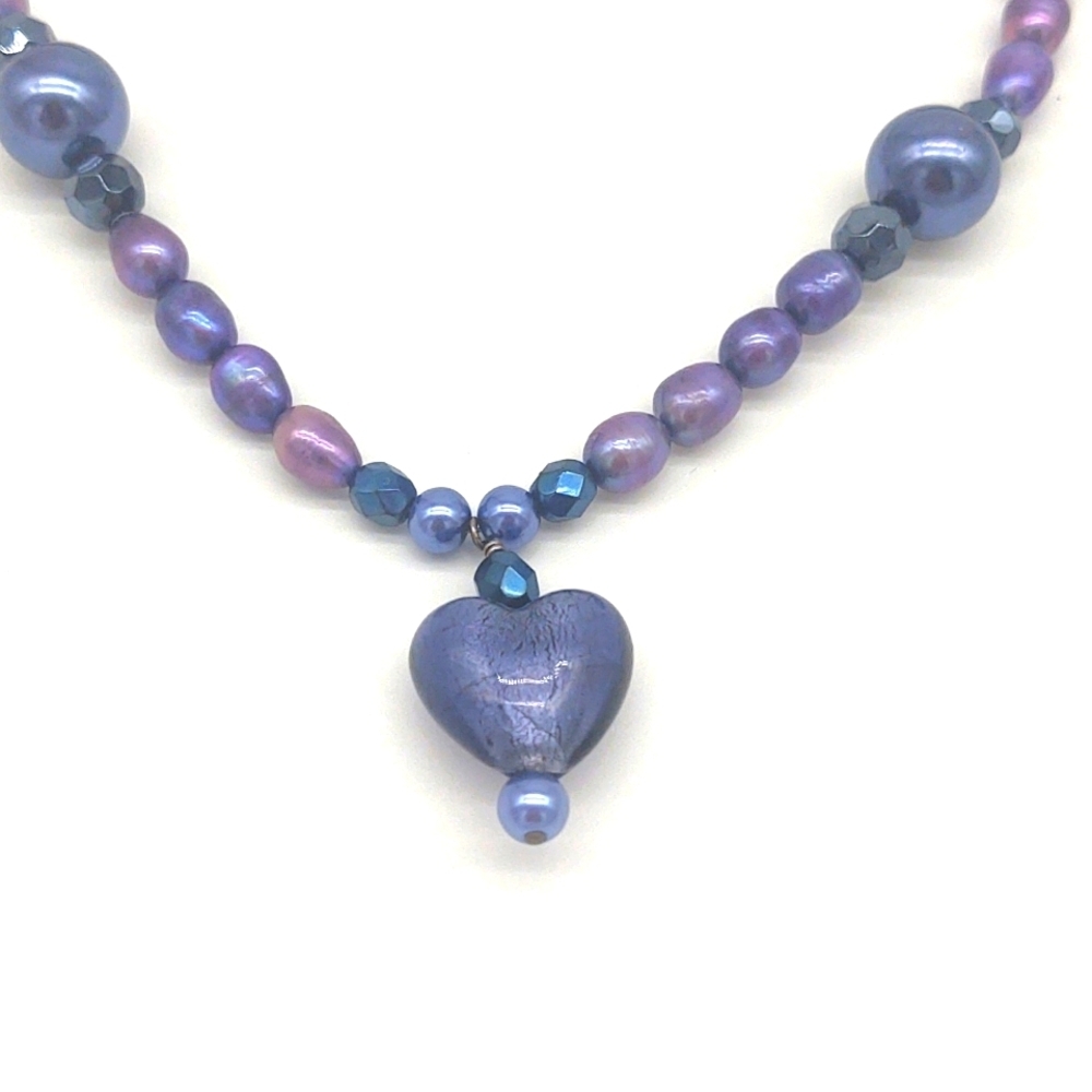 Heart Pendant Necklace Indigo Lavender Polished Beaded